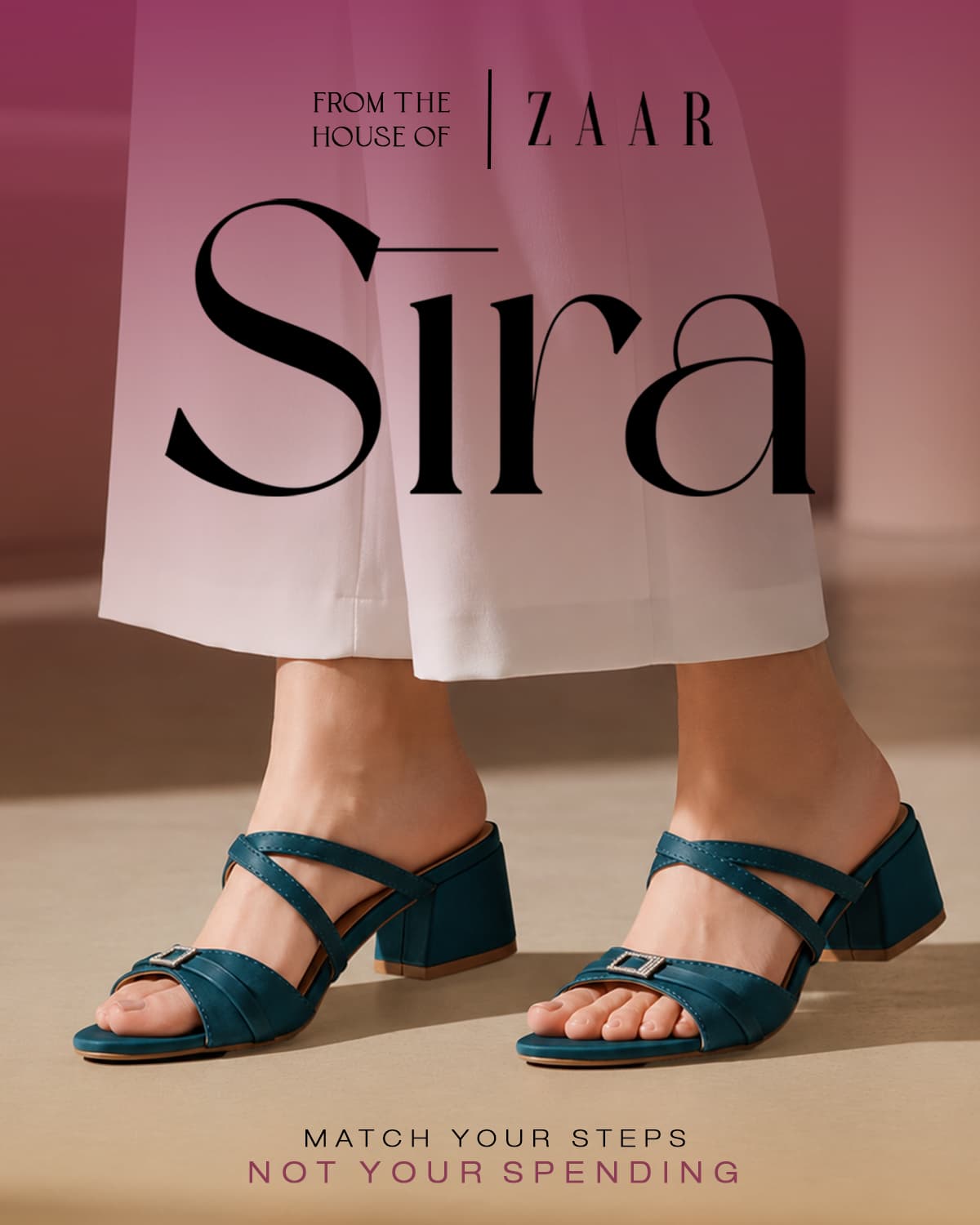 Sira teal block-heel sandals worn with white trousers, captioned match your steps not your spending.