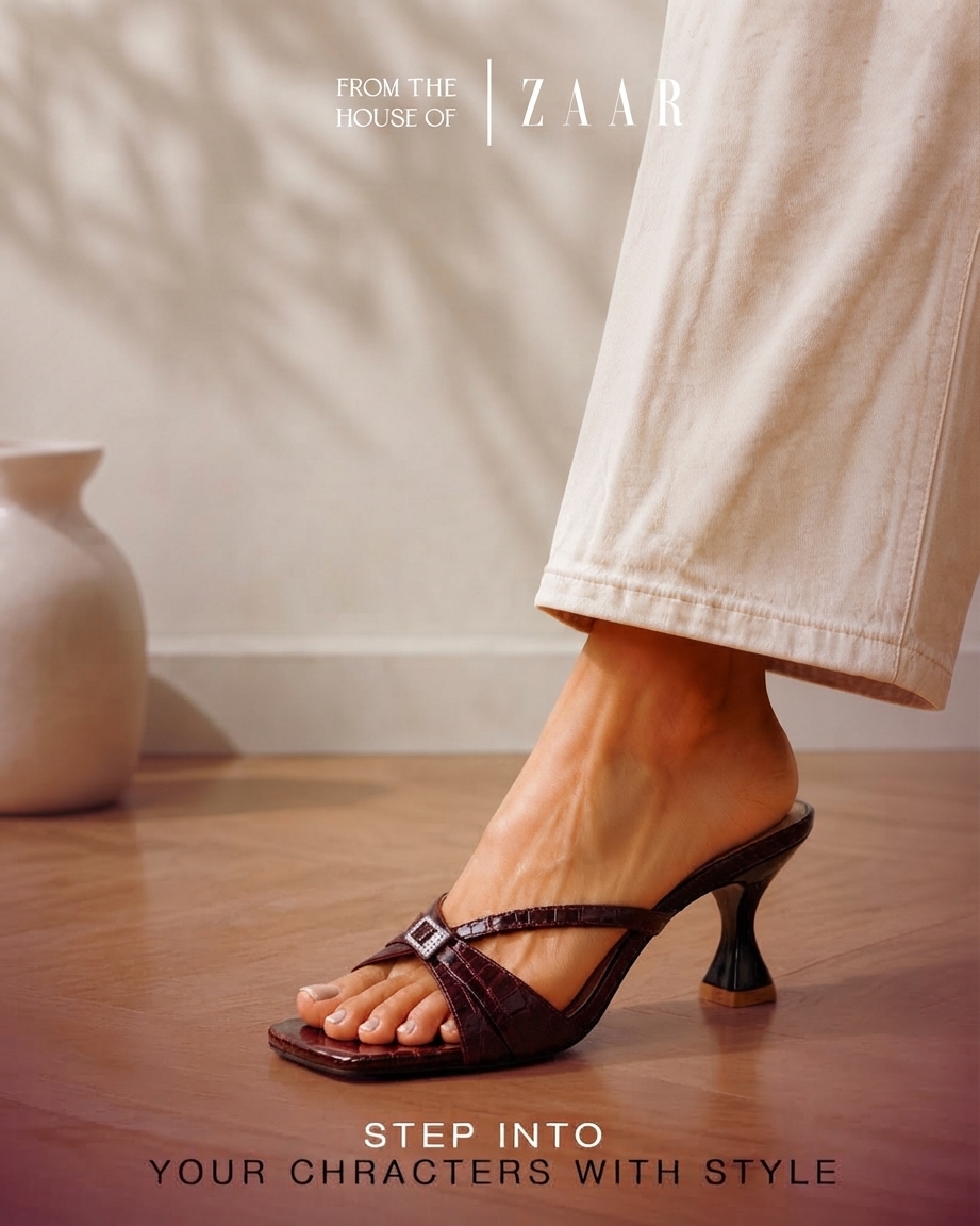 Sira burgundy croc-effect heeled mule, worn with cream trousers on a wooden floor.
